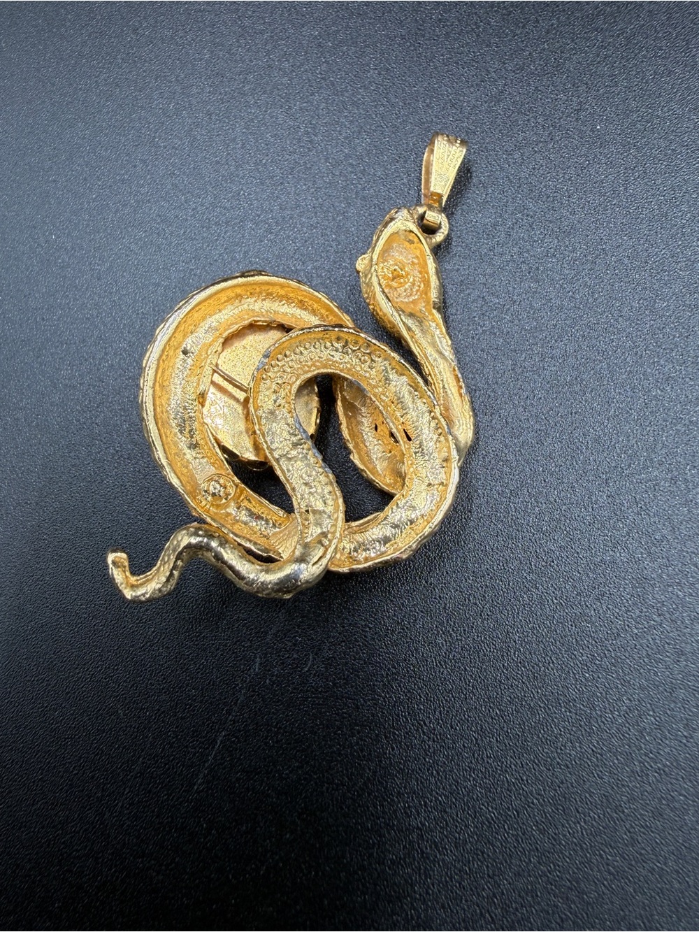 Vintage Gold Tone Coiled Snake Pendant w Black Cabochon - Picture 2 of 3